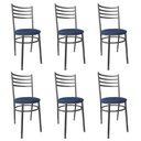 Ver imagem 1 de Conjunto 6 Cadeiras Jantar de Metal Preto e Assento Estofado Azul Escuro