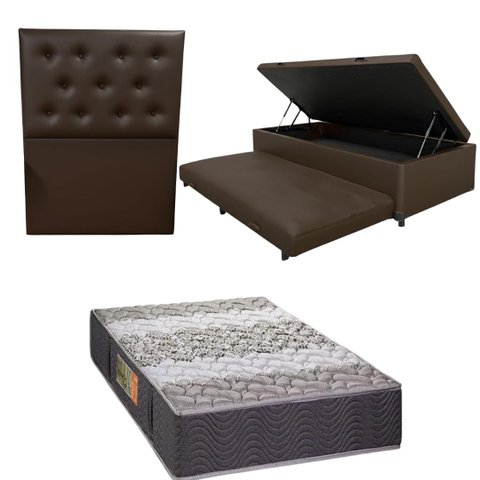 Bicama Box Baú com Colchão de Espuma Orthopedic + Cabeceira Botonê - Solteiro - Corino Marrom