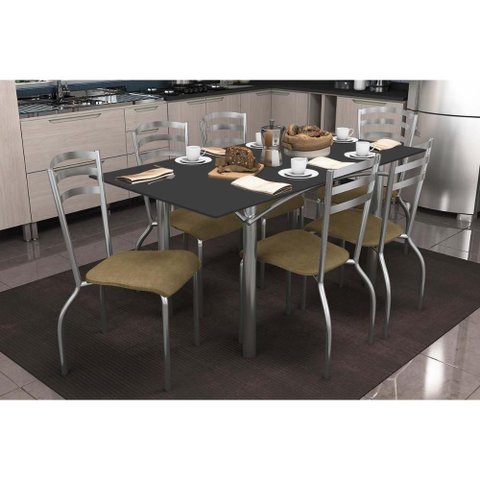 Sala de Jantar Completa Elba Tampo Madeirado c/ Vidro 160cm e 6 Cadeiras Portugal Cromada/Preto -