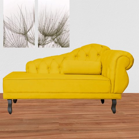 Recamier Divã Sofá Namoradeira 2 Lugares Lado Esquerdo Capitonê Suede Amarelo