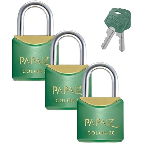 Cadeado Pequeno 20mm Haste Curta Latão Maciço Verde com Chave | Papaiz | Kit 03 Un