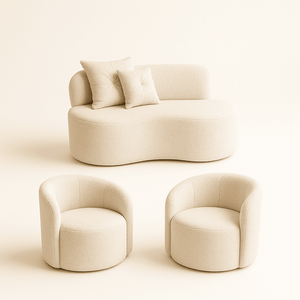 Conjunto Decorativo 02 Poltronas + Sofá Curvo Orgânico Nature Gaia Boucle Bege - Montanaris Decor