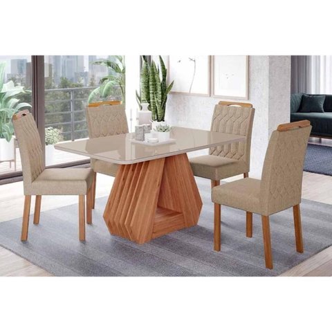 Sala de Jantar Completa Ágata Tampo Madeirado C/ Vidro 130x80cm e 4 Cadeiras Paola Cinamomo/off