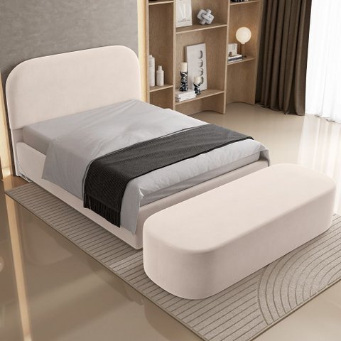 Cabeceira Cama Box Casal 140cm Lanna com Puff Recamier Doha W01 Suede Bege - Lyam Decor