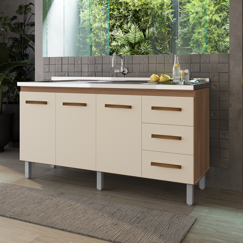 Balcão de Pia 150 Cm Diana Cozinha Gabinete Armário 3 Portas 3 Gavetas Savana Off White - Moblis