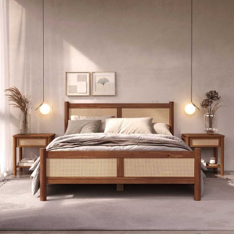 Cama de Casal Madeira Maciça com Rattan 140 X 190 Cm Castanho Cefira  Idimex