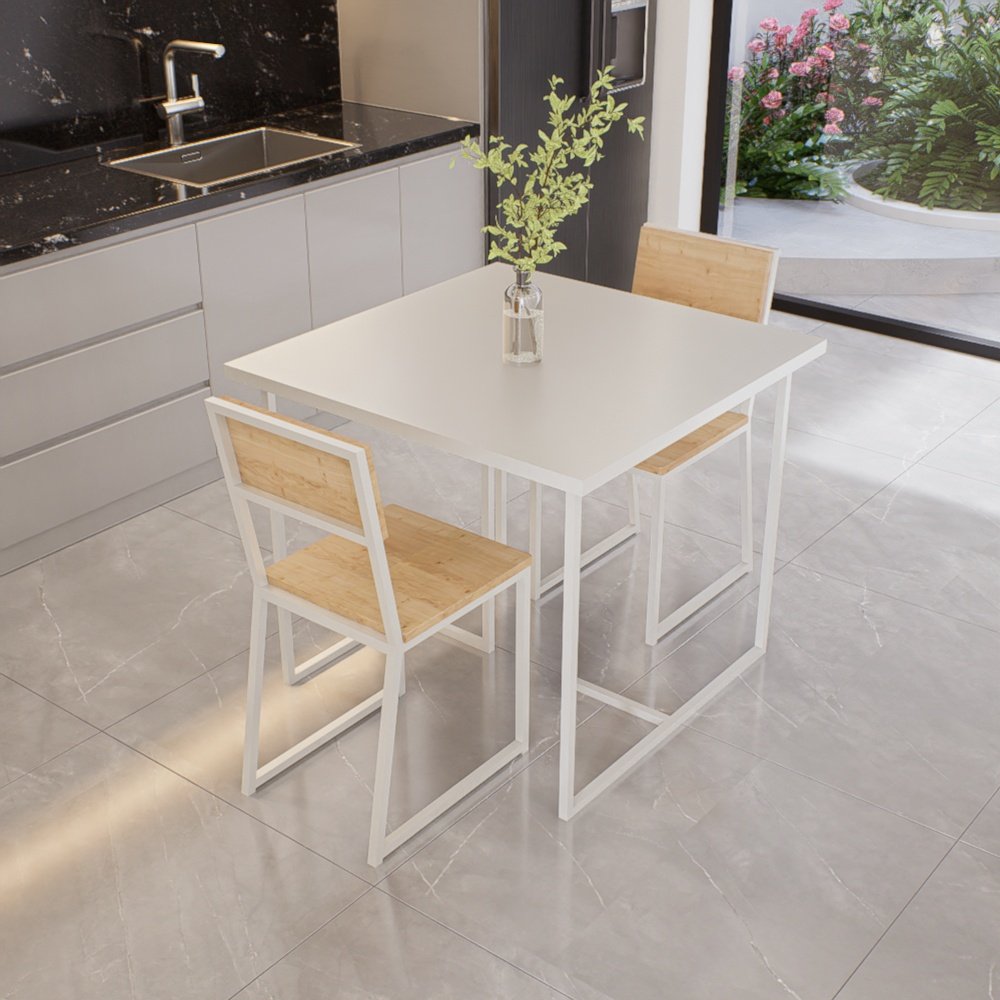 Conjunto Mesa de Jantar Quadrada 2 Cadeiras Pinus Riviera Industrial Branco Don Castro Decor Riviera