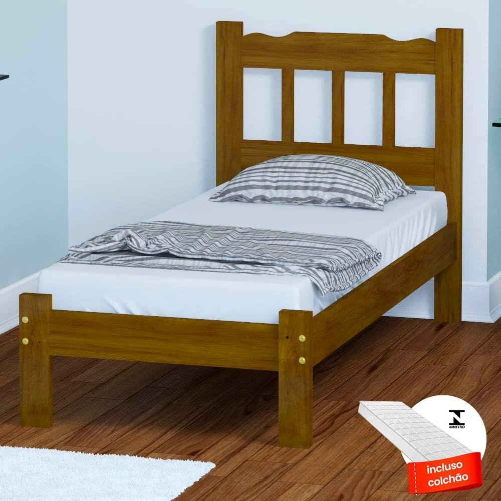 Cama Solteiro em Madeira Maciça com Colchão Imbuia Nemargi | MadeiraMadeira