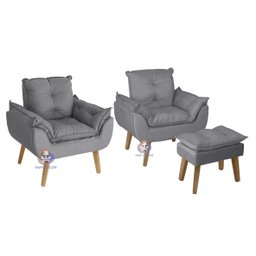Kit 2 Poltronas Decorativas e Puff Opala Suede Cinza Smf Decor - 1