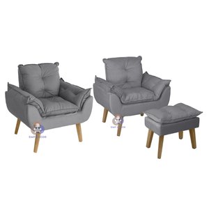 Kit 2 Poltronas Decorativas e Puff Opala Suede Cinza Smf Decor