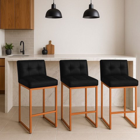Banqueta Cozinha Alta com Encosto Industrial Kit 3 Bronze Lirina Pu C05 - D’Rossi