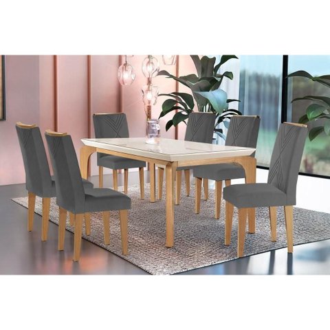 Conjunto: Mesa Sala Jantar Londrina C/ Tampo Madeirado C/ Vidro Canto Reto 180x90cm e 6 Cadeiras