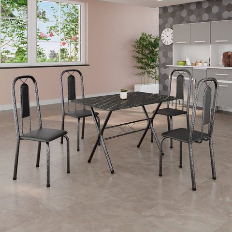 Conjunto de Mesa Tubular 100x60cm Tampo em Ardósia com 4 Cadeiras Lívia Prata/Preto/Martelado