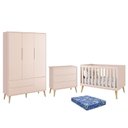 Ver imagem 1 de Dormitório Infantil Theo Retrô 3 Portas, Cômoda, Berço Rosa Fosco com Pés Madeira Natural e Colchão