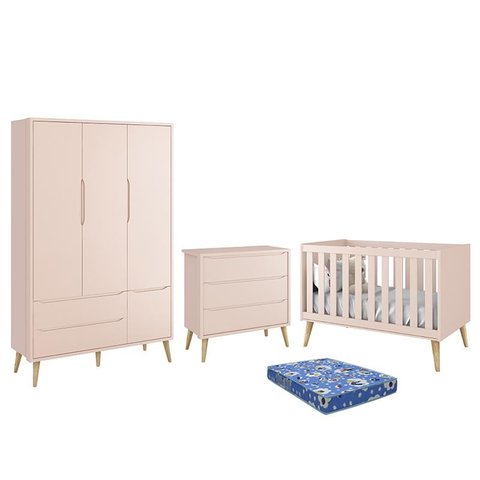 Dormitório Infantil Theo Retrô 3 Portas, Cômoda, Berço Rosa Fosco com Pés Madeira Natural e Colchão