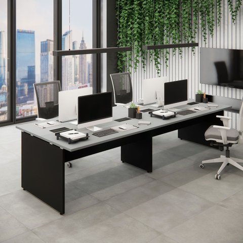 Mesa de Escritório Plataforma para 4 Pessoas 3,00m Cs Pre F5 Cor:cinza Sagrado com Preto