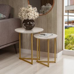 Conjunto de Mesa De Apoio Jade Sala Estar Pé de Aço Dourado - 1