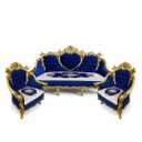 Ver imagem 1 de Jogo de Sofá Clássico com Par de Poltronas Azul Escuro com Dourado 114x198x80cm x 104x84x75cm