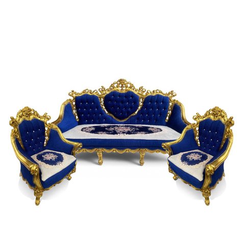 Jogo de Sofá Clássico com Par de Poltronas Azul Escuro com Dourado 114x198x80cm x 104x84x75cm