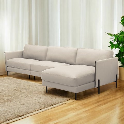 Sofá Decorativo Karine 6 Lugares Sala de Estar 360cm com Chaise Pés em Aço Couro Bege G88 - Gran Bel