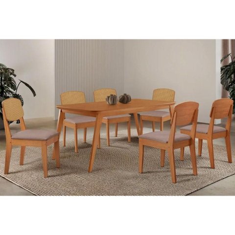 Sala Jantar Mesa Havana Tampo Curvo 180cm+6 Cadeiras Havana Naturale - Linho Capuccino - Rufato