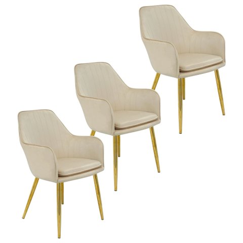 Kit 3 Cadeiras Poltrona Lines Base Dourada Recepção Sala Decorativa Suede 