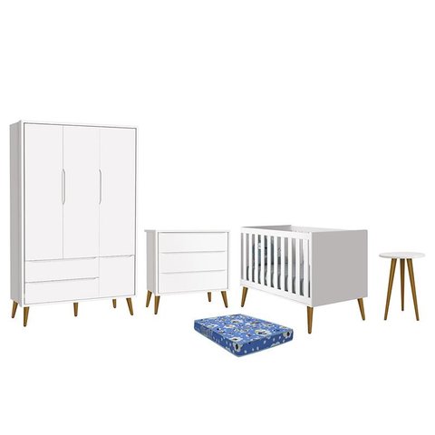 Dormitório Infantil Theo Retrô 3 Portas, Cômoda, Berço, Mesa de Apoio Branco com Pés Amadeirado e Co