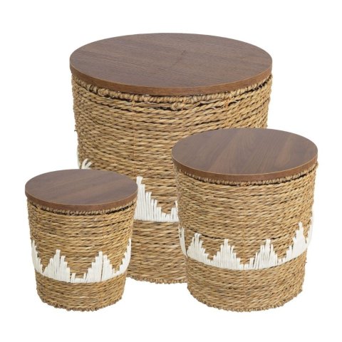 Kit 3 Mesas de Apoio Cusco Or Design Tampo em Madeira Estruta em Fibra Natural