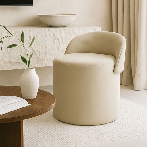 Puff Encosto Redondo Linho Escritório Sala Quarto Orgânico:bege