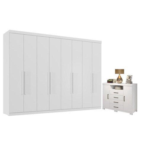 Guarda Roupa Casal Master New 8 Portas 4 Gavetas MDP Cômoda Havana Branco Brilho Santos Andirá