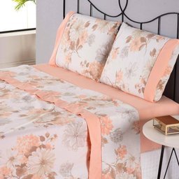 Jogo de Lençol Naturale Estampado Queen 4 Peças Ponto Palito Percal 180 Fios - Salmão Floral - 1