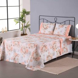 Jogo de Lençol Naturale Estampado Queen 4 Peças Ponto Palito Percal 180 Fios - Salmão Floral - 4