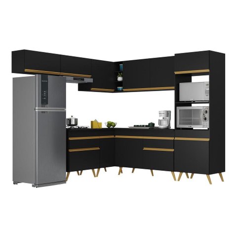 Armário de Cozinha Completa de Canto Veneza Multimóveis V2070 Preto/Dourado