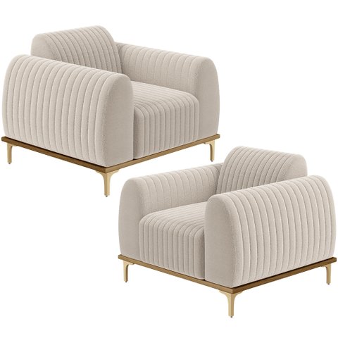 Kit 02 Poltronas Decorativa Base de Madeira Castanho e Pés Metalizado D'ouro Molino D02 Bouclê Creme