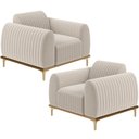Ver imagem 1 de Kit 02 Poltronas Decorativa Base de Madeira Castanho e Pés Metalizado D'ouro Molino D02 Bouclê Creme