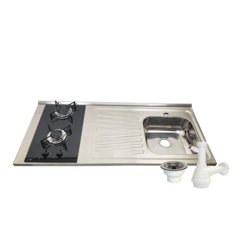 Pia Fogão Gás 2 bocas Fabrinox 120x55cm, cuba direita, furo para torneira, válvula e sifão