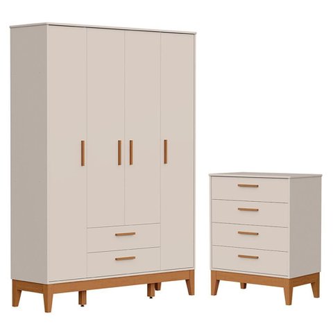 Jogo de Quarto Infantil Flip Guarda Roupa 4 Portas e Cômoda 4 Gavetas Areia Fosco - Reller Móveis