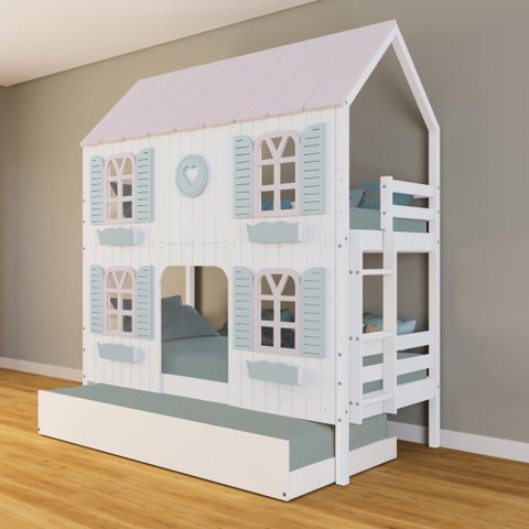 Treliche Casinha Bela com Coração 4 Janelas Venezianas - Madeira Maciça Branco/rosa/verde |