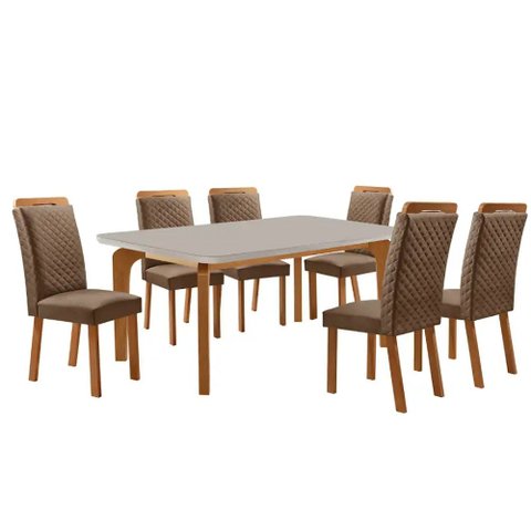 Mesa de Jantar Liz 180cm Tampo MDF Vidro Canto Copo com 6 Cadeiras Lorena Moderna Mobília