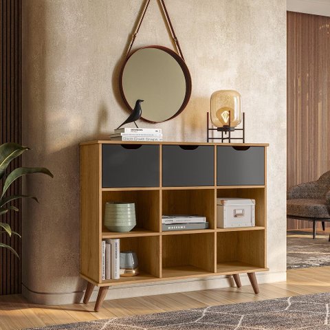 Nicho Organizador Retrô Freijó e 03 Gavetas Pretas Qmovi