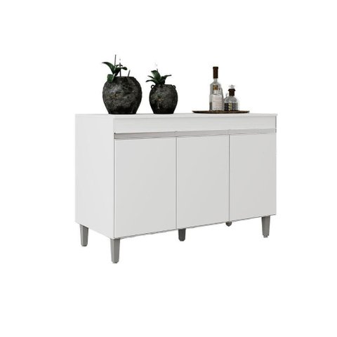 Balcão Armário Gabinete Manu 120cm 3 Portas - Branco Com Tampo