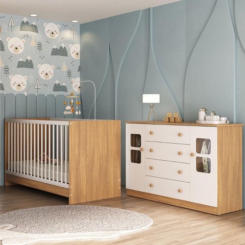 Berço 3 em 1 para Colchão 130x60cm com Cômoda 2 Portas 4 Gavetas Brisa Multimóveis Mp4747