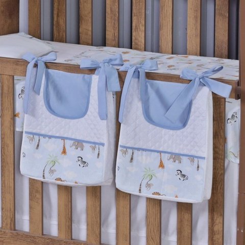 Porta Fralda Organizador Quarto de Bebê Menino Menina 2 Peças com Laço:safari Azul Claro