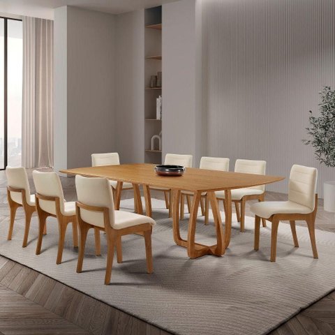 Conjunto de Jantar Flora 8 Lugares Barril Cadeiras Bella Creme e Off 220cm Mobillare