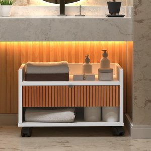 Gabinete Armário Organizador para Banheiro com Rodizios e Gaveta Prisma - Branco/ripado