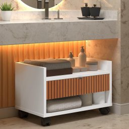 Gabinete Armário Organizador para Banheiro com Rodizios e Gaveta Prisma - Branco com Ripado - 2