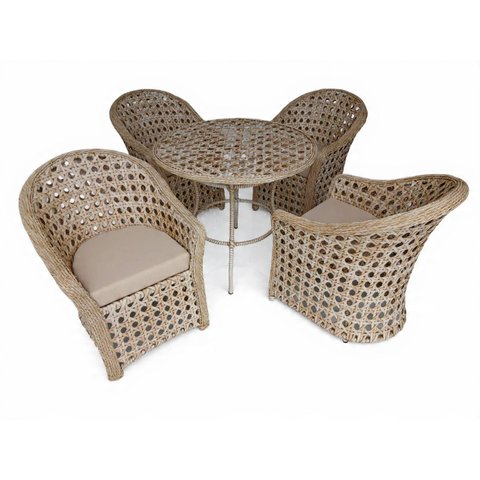 Cadeiras Área Externa Jogo 4 Cadeiras e Mesa Redonda 90 Cm Fibra Sintética Cor Palha Natural Jardim