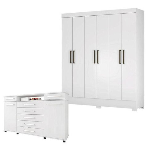 Cômoda London e Guarda Roupa Casal Verso Branco - Demóbile