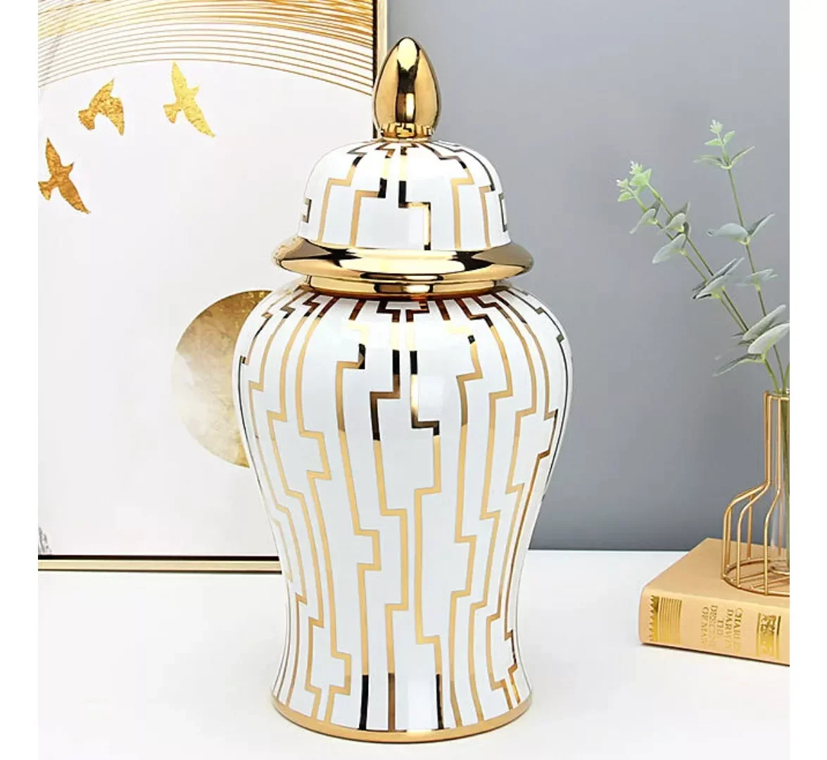 Vaso Decorativo Porcelana Chinesa Branco Dourado 37x17 - 2