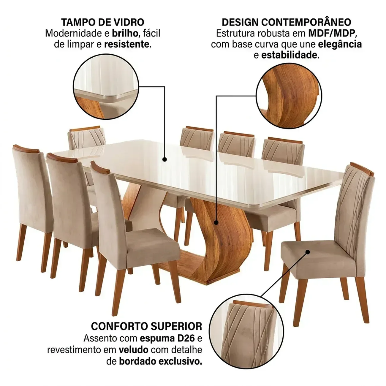 Ver imagem 5 de Conjunto Sala de Jantar 8 Lugares Retangular Tampo em Vidroe MDF Rubhe Yescasa Bege/Mel/Off White